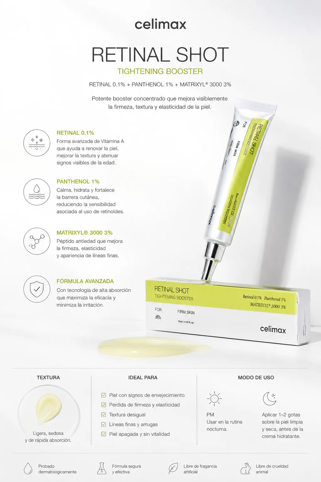 Beneficios de Celimax Retinal Shot 0.1 con retinal, pantenol y Matrixyl