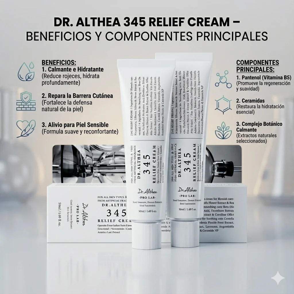 Guia visual de beneficios e ingredientes principales de Dr. Althea 345 Relief Cream