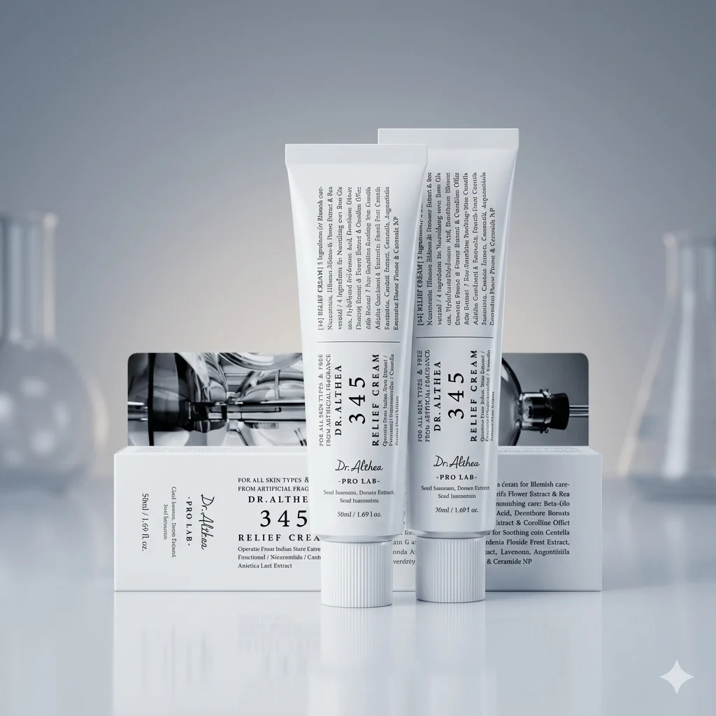 Dr. Althea 345 Relief Cream en una escena editorial de skincare coreano