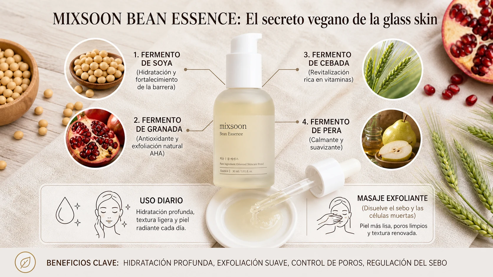 Ingredientes fermentados de Mixsoon Bean Essence explicados visualmente