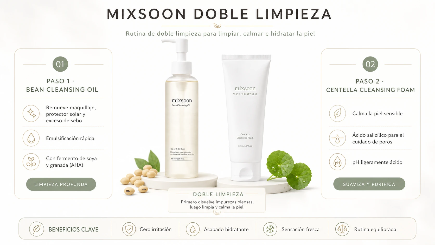 Guia visual de doble limpieza con Mixsoon Bean Cleansing Oil y Centella Cleansing Foam