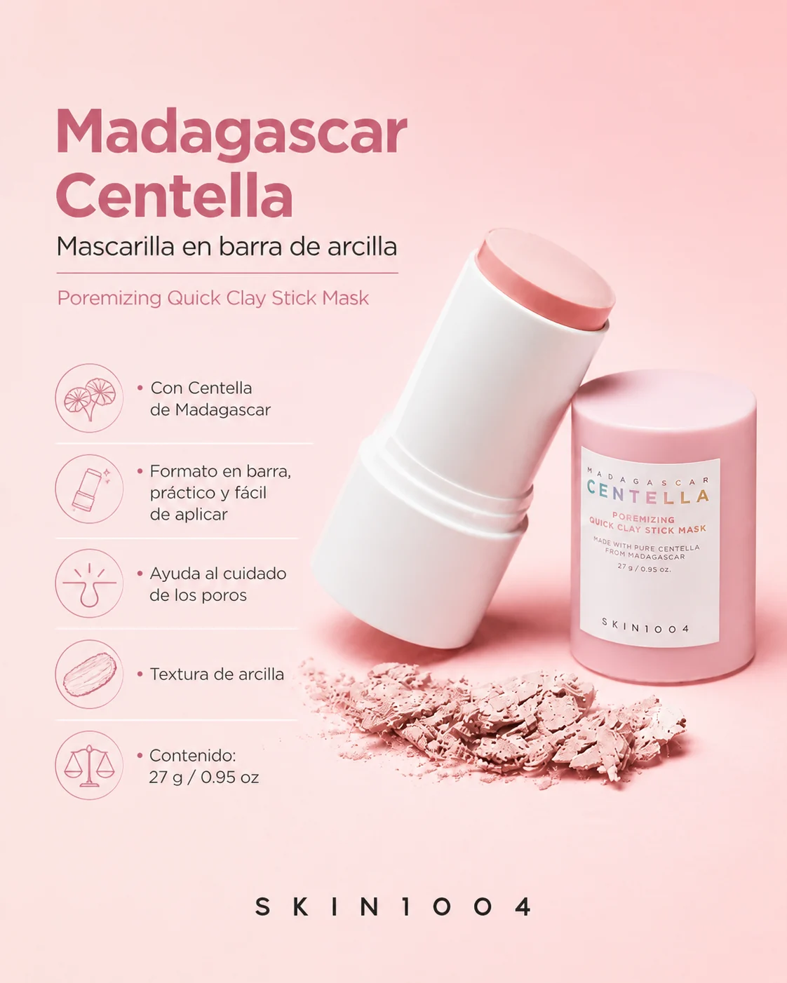 Guia visual de beneficios de Madagascar Centella Quick Clay Stick Mask