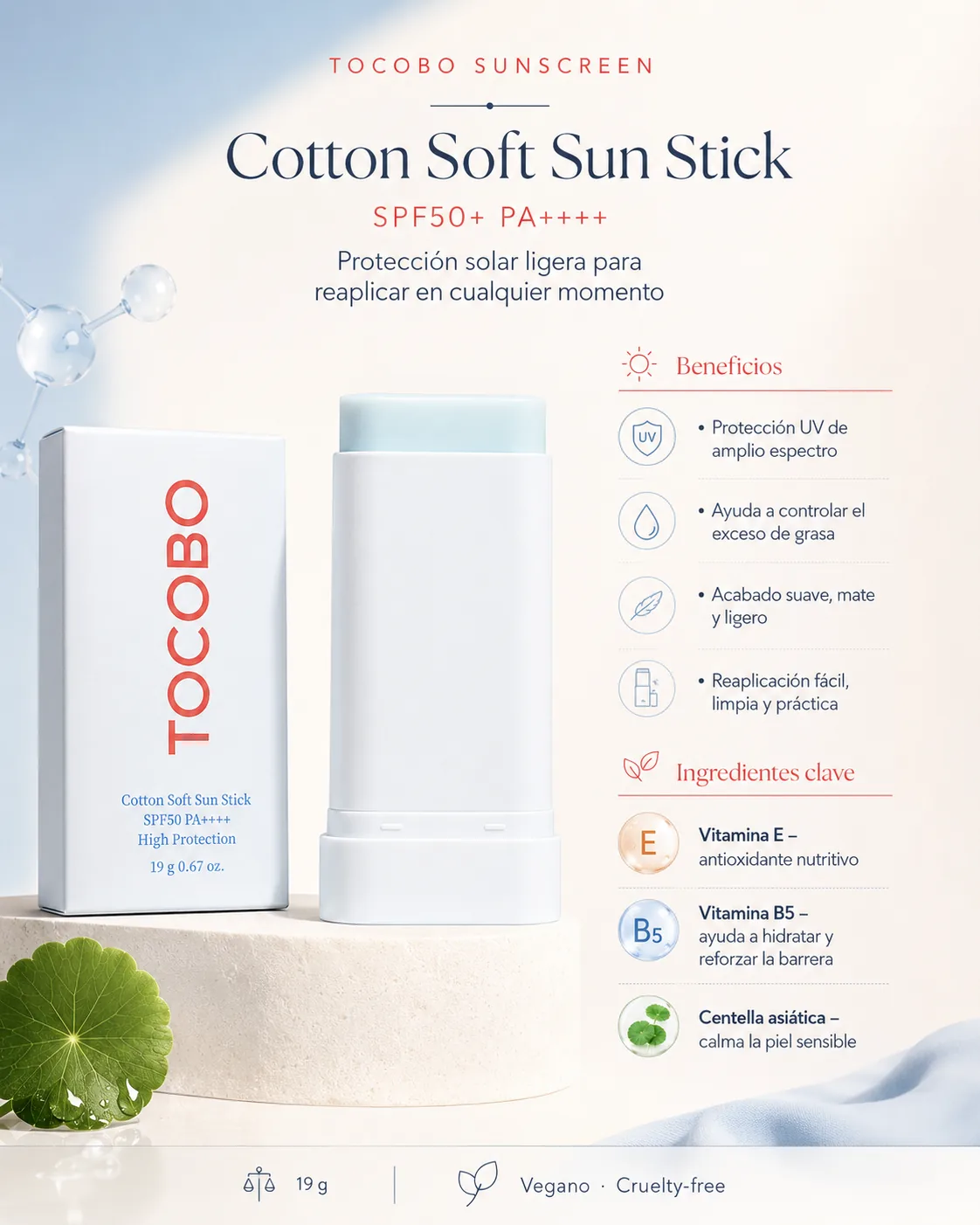 Infoproducto de TOCOBO Cotton Soft Sun Stick con beneficios e ingredientes clave